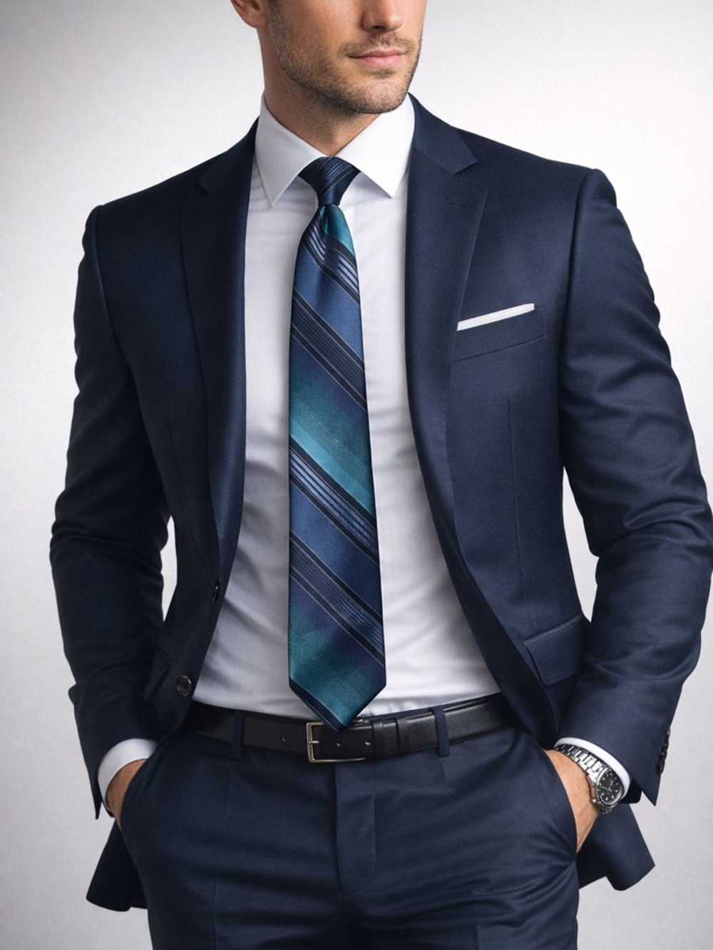 Etienne Aigner Blue Teal Striped Clip On Tie Y2K
